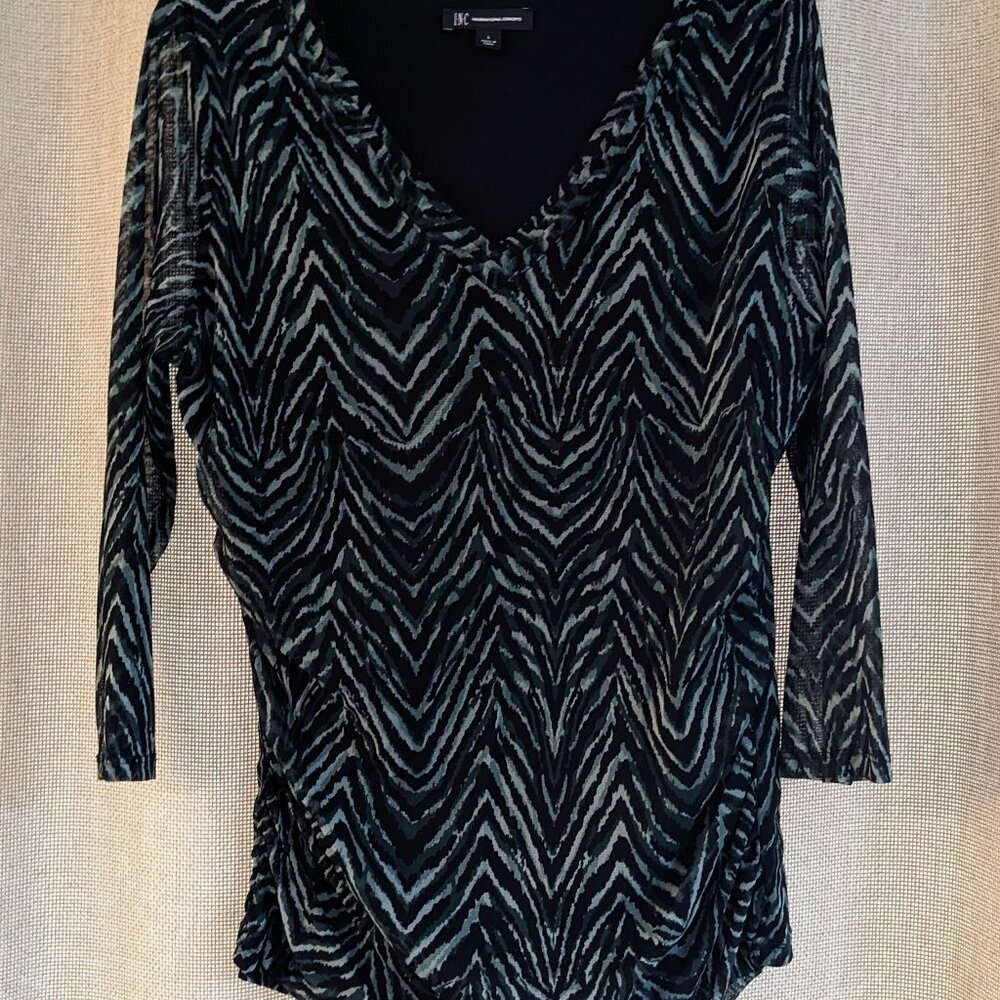 INC Dark Green, Light Green & Black Lightweight Sheer V-Neck Blouse, Size L